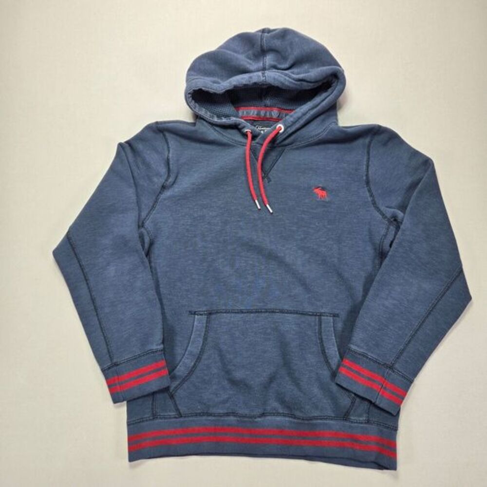 Abercrombie & Fitch Hoodie Pullover Moose Logo Striped Trim Blue Gray Men XS